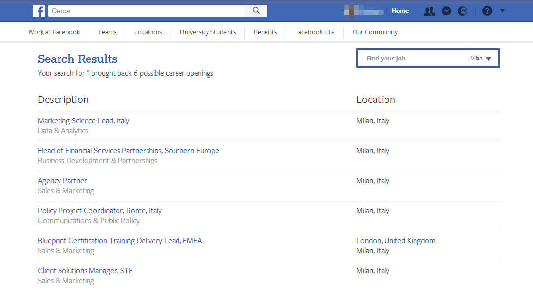 Facebook Jobs o Careers offerte di lavoro
